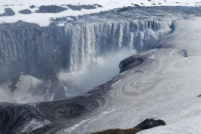 Arctic Fox Travel Dettifoss lake Mývatn winter private super jeep tour - Stop 1: Goðafoss and the story behind Waterfall of the gods